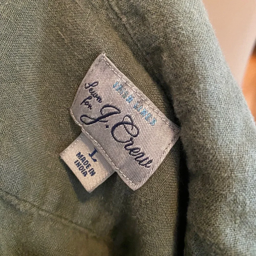 J. Crew 100% Linen Shirt Gorpcore Coastal Casual Mens Large Olive Green pockets